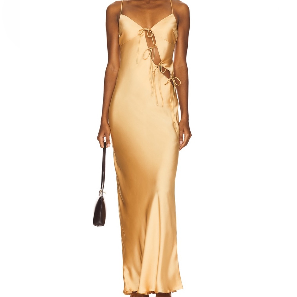 Gold Lioness Satin Slip Dress with Side Tie Cutouts